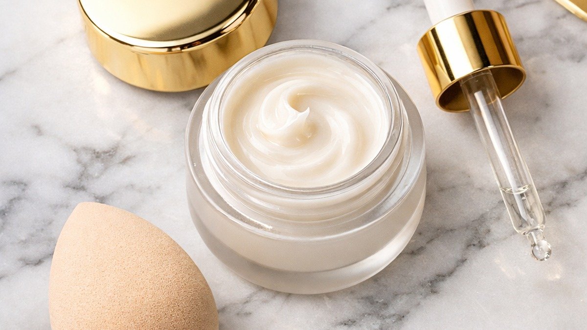 eye cream that doesn’t pill under makeup luxury flatlay with open eye cream jar, gold lid, dropper, and makeup sponge on marble